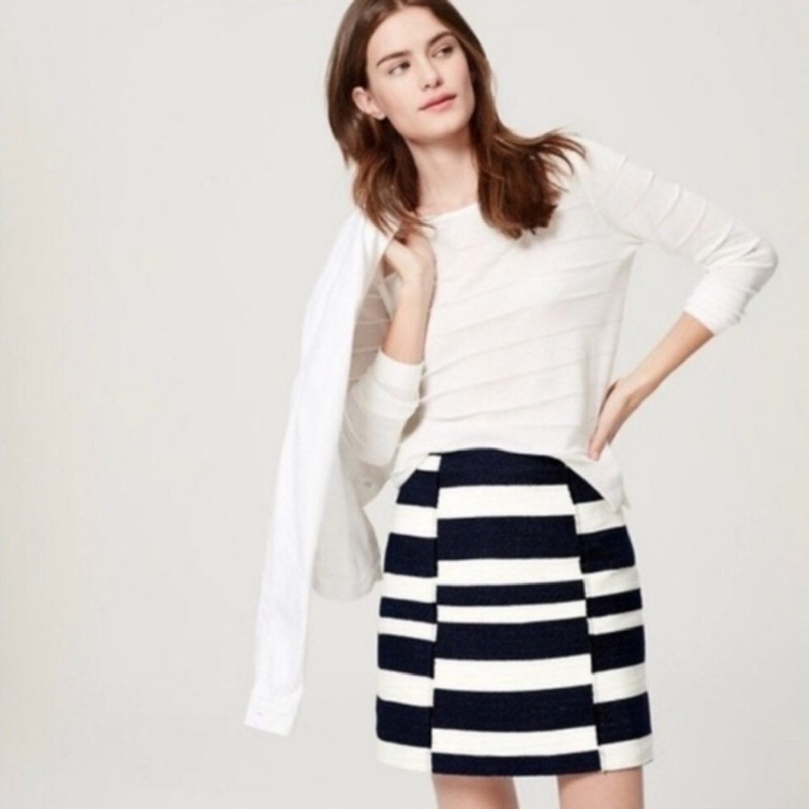 Nwt The Loft Tweed Navy & White Stripe Illusion Shift Skirt Size 0 Colorblock
